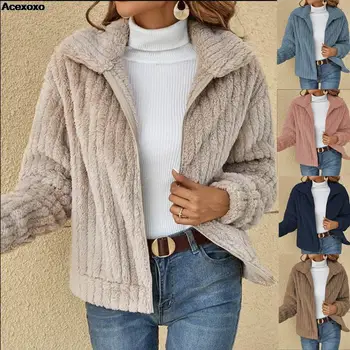 2023, осенне-зимний новый женский модный повседневный шерстяной кардиган в полоску, короткое плюшевое пальто с лацканами