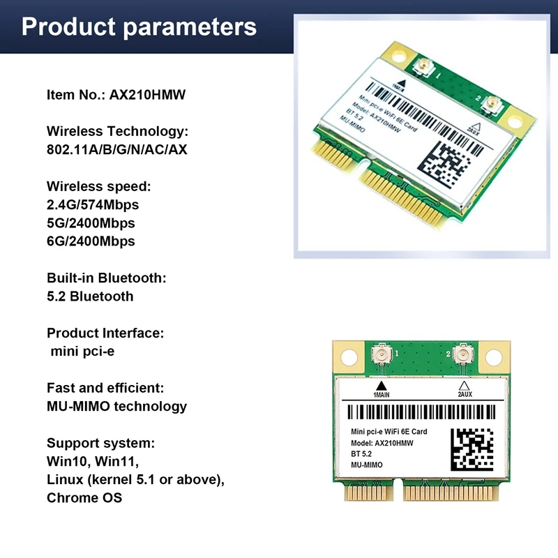 AX210 5374M WIFI 6E 5G Гигабитная беспроводная сетевая карта MINI PCIE 5,2 Модуль сетевой карты Bluetooth с антенной 8 дБ1