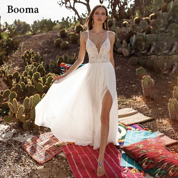 Booma/ Сексуальные свадебные платья в стиле Бохо с открытой спиной, V-образный вырез, Тонкие бретельки, Шифоновые Пляжные платья невесты, Кружевной топ с высоким разрезом, Свадебные платья