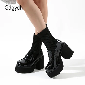 Gdgydh/ Женские Лоферы на массивном каблуке, ботинки на платформе из лакированной кожи, эластичные школьные туфли без застежки на высоком каблуке для косплея