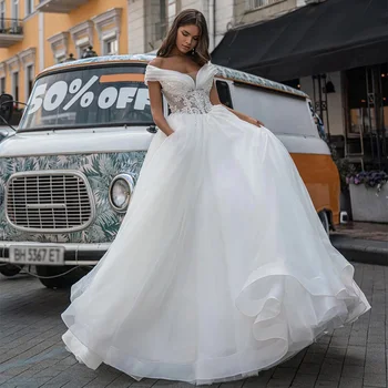 LOJO Великолепное бальное платье wd007, свадебные платья с короткими рукавами, Свадебные платья с V-образным вырезом, Кружевные Белые свадебные платья с корсетом сзади 2022