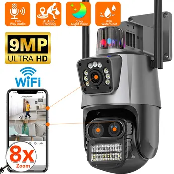 PTZ IP-камера Wifi 5K 9MP HD Наружная камера безопасности с тремя объективами и двойным экраном Ai Слежение Видеонаблюдение Полицейская световая сигнализация