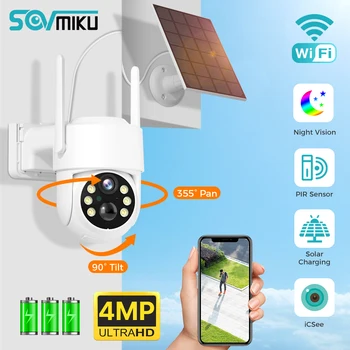 SOVMIKU WIFI Солнечная камера 4MP PIR Обнаружение человека Наружная безопасность С солнечной панелью Беспроводное наблюдение PTZ Аккумулятор IP-камера