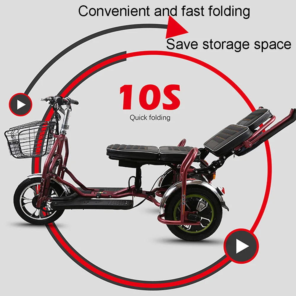 Двухместный Электрический трехколесный велосипед с литиевой ячейкой, электромобиль мощностью 350 Вт, складной аккумулятор для отдыха, транспортное средство5