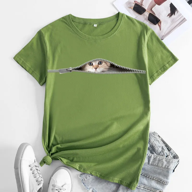 Женская футболка, летняя футболка с милыми кошками, модный принт в стиле харадзюку, футболка из чистого хлопка с короткими рукавами, повседневная футболка kawaii для девочек большого размера0