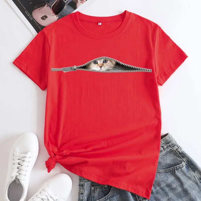 Женская футболка, летняя футболка с милыми кошками, модный принт в стиле харадзюку, футболка из чистого хлопка с короткими рукавами, повседневная футболка kawaii для девочек большого размера1