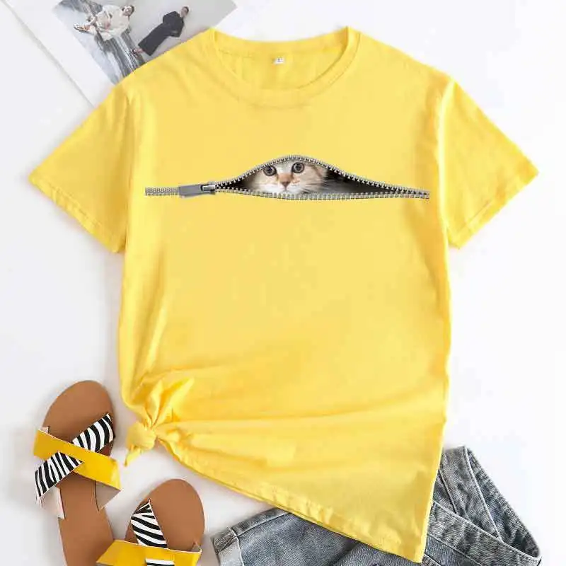 Женская футболка, летняя футболка с милыми кошками, модный принт в стиле харадзюку, футболка из чистого хлопка с короткими рукавами, повседневная футболка kawaii для девочек большого размера2