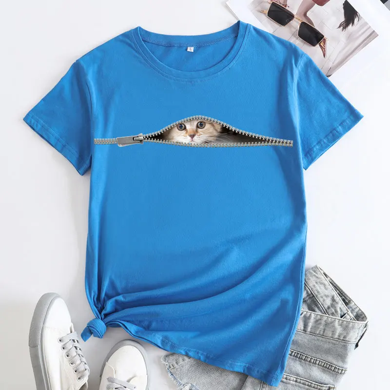 Женская футболка, летняя футболка с милыми кошками, модный принт в стиле харадзюку, футболка из чистого хлопка с короткими рукавами, повседневная футболка kawaii для девочек большого размера3