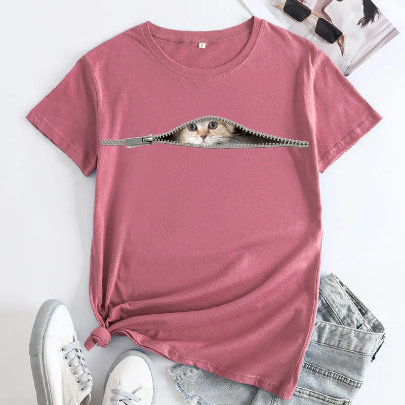 Женская футболка, летняя футболка с милыми кошками, модный принт в стиле харадзюку, футболка из чистого хлопка с короткими рукавами, повседневная футболка kawaii для девочек большого размера4