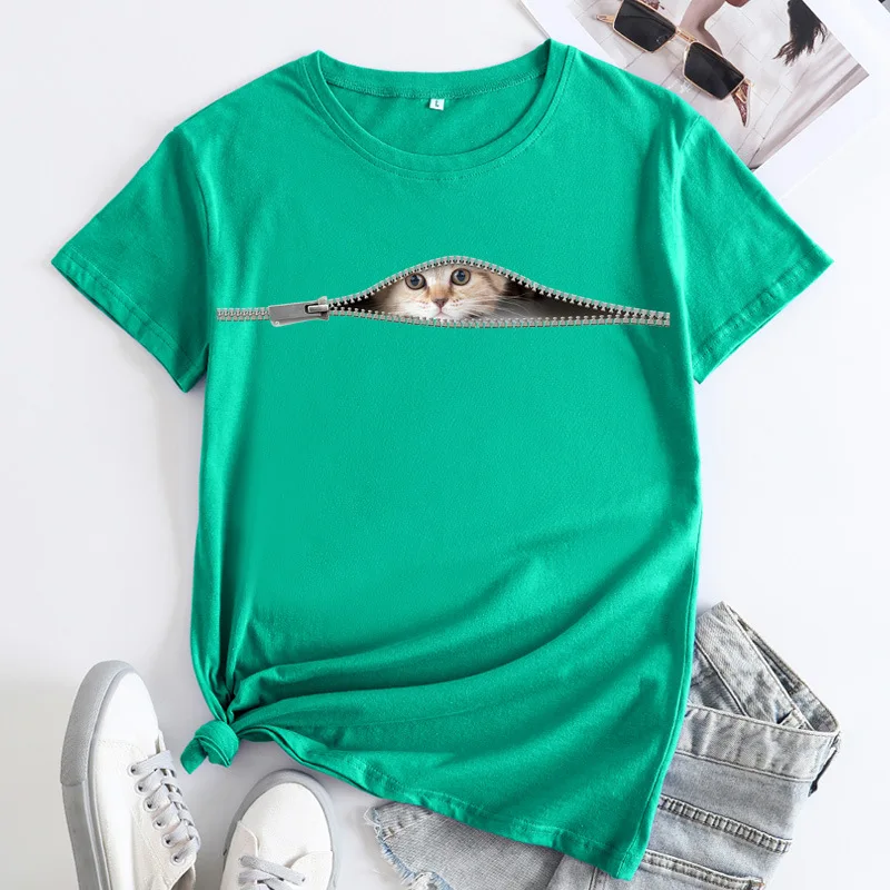 Женская футболка, летняя футболка с милыми кошками, модный принт в стиле харадзюку, футболка из чистого хлопка с короткими рукавами, повседневная футболка kawaii для девочек большого размера5