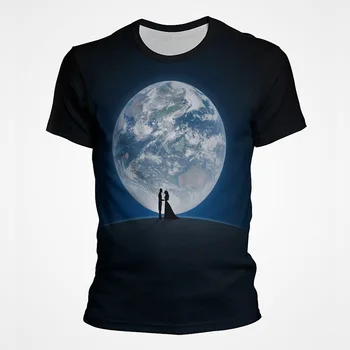 Забавные футболки с 3D-принтом Луны и Звездного неба, футболка с пейзажным рисунком для мужчин, модные уличные футболки с круглым вырезом и короткими рукавами