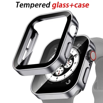 Закаленное стекло + Чехол Для Apple Watch band 44 мм 40 мм 41 мм 45 мм PC с прямым Краем Защитная крышка экрана iWatch series 8 7 6 5 4 se