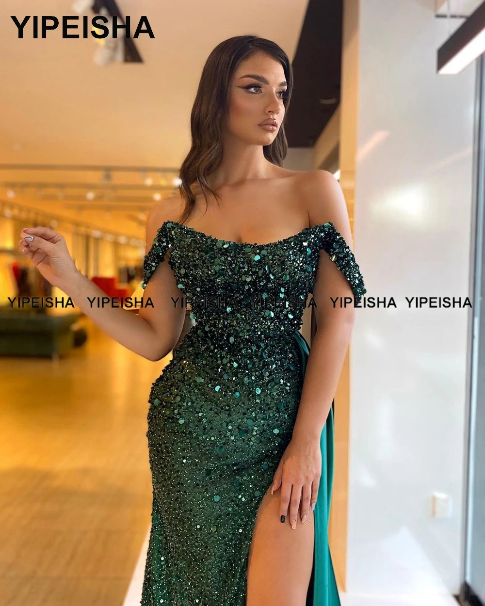 Зеленые Платья для выпускного вечера Yipeisha с открытыми плечами, Блестящее Пышное Платье с блестками, Длинное Вечернее Платье с разрезом сбоку, Праздничное Платье Vestido de Festa1
