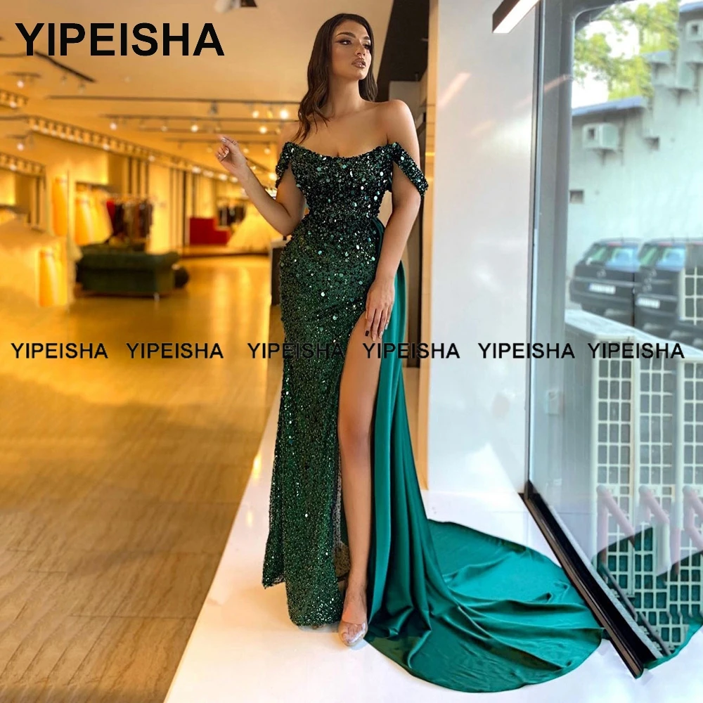 Зеленые Платья для выпускного вечера Yipeisha с открытыми плечами, Блестящее Пышное Платье с блестками, Длинное Вечернее Платье с разрезом сбоку, Праздничное Платье Vestido de Festa4
