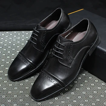 Итальянские мужские туфли-Дерби из натуральной кожи на шнуровке, Офисные модельные туфли в деловом стиле для Мужчин, Классические Однотонные Свадебные Туфли с открытым носком