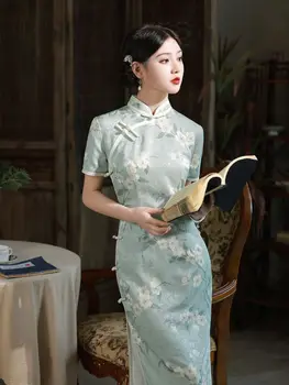 Китайское традиционное платье с коротким рукавом Женское С цветочным принтом Ципао Тонкое Элегантное Длинное платье с высоким разрезом Cheongsam