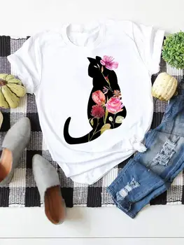 Милая одежда с рисунком кошки и животных, футболка с принтом, Летний базовый топ, Женская мода, футболка с коротким рукавом, графические футболки