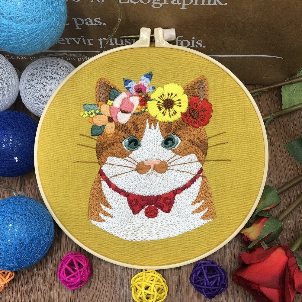 Набор для вышивания Пяльца для вышивания кошек Игла для вышивания Холст для вышивания Нитки для вышивания DIY Kit Вышивка Рукоделие1