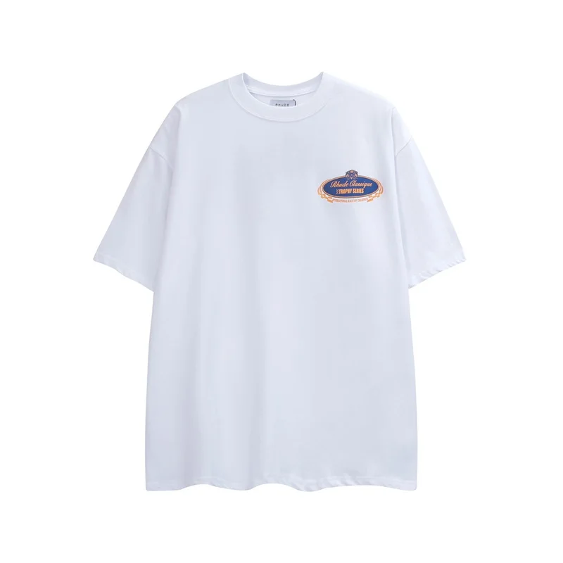 Новая весенне-летняя хлопковая футболка Rhude из высококачественного хлопка с принтом и круглым вырезом для мужчин и женщин0