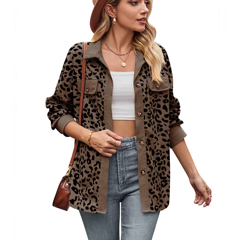 Осенняя новая женская куртка с леопардовым принтом и пуговицами с длинным рукавом2
