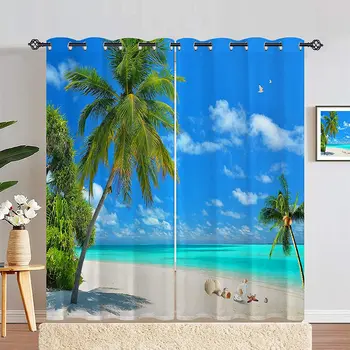Пляжные занавески из полуполиэстера с 3D принтом и люверсами в виде ракушек тропических пальм и морских звезд для спальни и гостиной