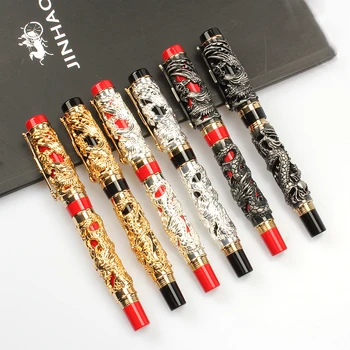 роскошный качественный бренд JinHao Dragon Relief Ручка-роллер с рельефом дракона, вырезанный серебряный Пистолет, серый, благоприятный, элегантный, фирменные ручки с золотыми чернилами, новый