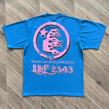 Синяя Футболка Hellstar Resurretion, Лучшее качество, как у 23:43, Розовая футболка с принтом логотипа, Мужская Женская Уличная Одежда, Оверсайз, Повседневная, с коротким рукавом