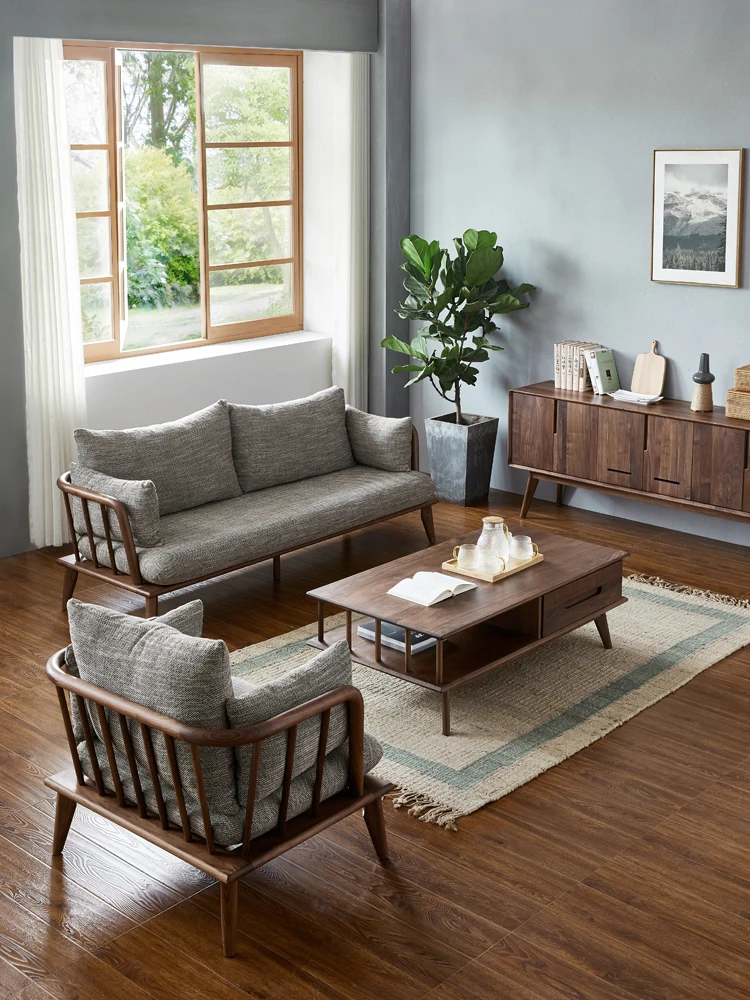 Скандинавский диван из массива дерева, бревенчатая комбинация тканей, мебель для гостиной маленькой квартиры из черного ореха, роскошь и современная простота0