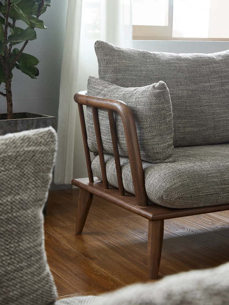 Скандинавский диван из массива дерева, бревенчатая комбинация тканей, мебель для гостиной маленькой квартиры из черного ореха, роскошь и современная простота1