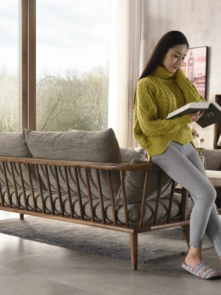 Скандинавский диван из массива дерева, бревенчатая комбинация тканей, мебель для гостиной маленькой квартиры из черного ореха, роскошь и современная простота2