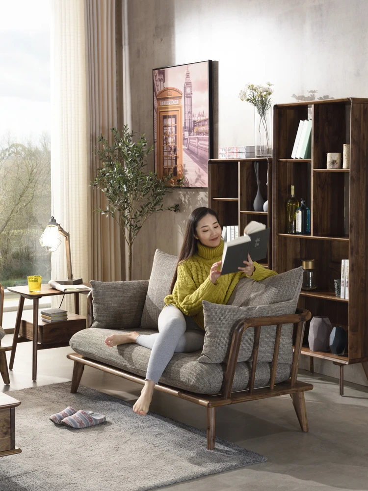 Скандинавский диван из массива дерева, бревенчатая комбинация тканей, мебель для гостиной маленькой квартиры из черного ореха, роскошь и современная простота3