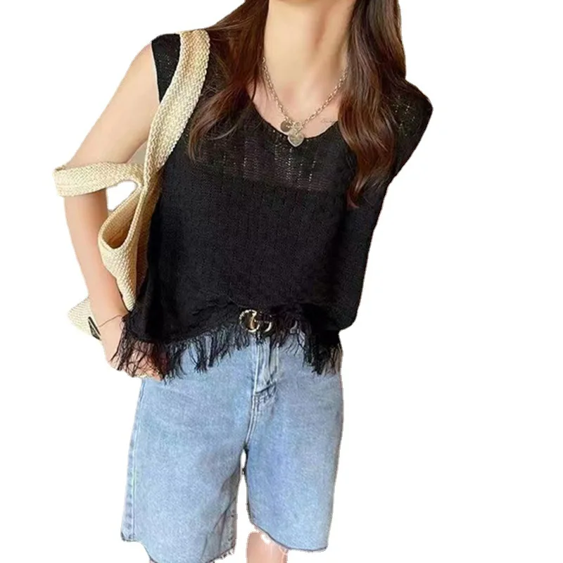 Стильная женская футболка без рукавов с французским полым дизайном, летний топ с защитой от солнца, женский4