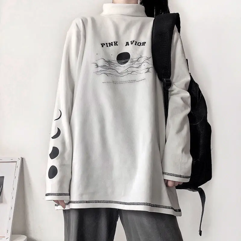 2023 Японская Винтажная футболка, Уличная одежда С Принтом, Женская футболка в стиле Харадзюку, Водолазка с Длинным рукавом, Флисовые Повседневные Топы0