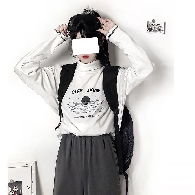 2023 Японская Винтажная футболка, Уличная одежда С Принтом, Женская футболка в стиле Харадзюку, Водолазка с Длинным рукавом, Флисовые Повседневные Топы1