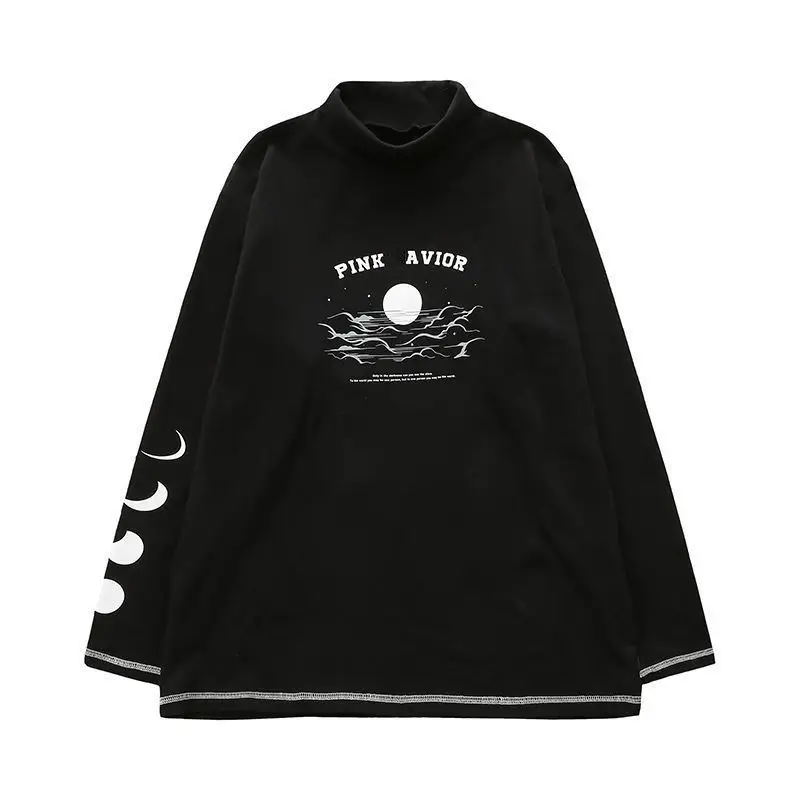 2023 Японская Винтажная футболка, Уличная одежда С Принтом, Женская футболка в стиле Харадзюку, Водолазка с Длинным рукавом, Флисовые Повседневные Топы5