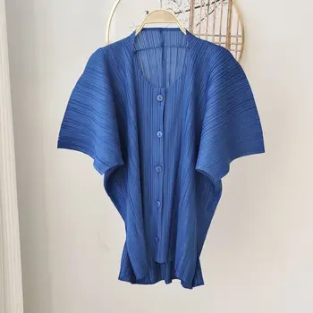 Женская футболка Miyake, плиссированная, Модная Летняя Свободная, однобортная, с высоким уличным рукавом 