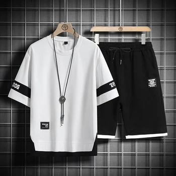 Летний Новый Мужской комплект, модный спортивный костюм в стиле хип-хоп, футболка и шорты, комплект из двух предметов, Мужская уличная одежда в стиле пэчворк