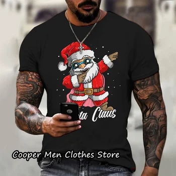 Летняя мужская Рождественская футболка с коротким рукавом, модная одежда, мужская повседневная уличная одежда большого размера с милым Санта-Клаусом, топы, тройники